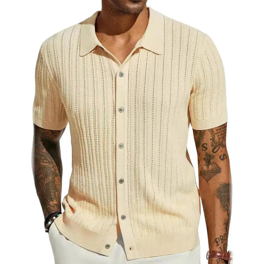 Size Plus Summer Men Knitted Cardigan Shirt, Breathable Short Sleeves Beach Top