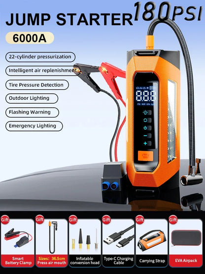 Car2025 Edition Jump Starter Travel-Friendly Power Bank 12V With Air Compressor 6000A Peak Emergency Start 180 PSI Fall