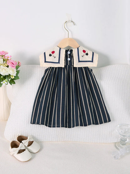 Light girls' dress - sailor collar, striped pleated skirt, cotton-elastane blend, summer casual