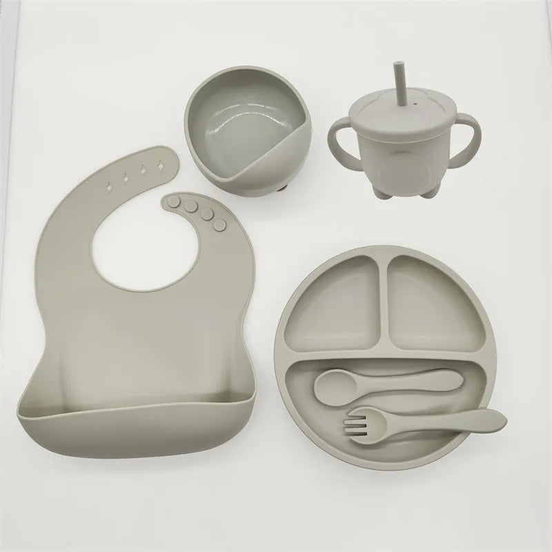 Baby Silicone Tableware Kit 8 Piece Suction Bowls Divided Plate Bib Spoon Fork Fall 2025 Self Feeding Aid
