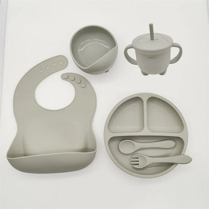 Baby Silicone Tableware Kit 8 Piece Suction Bowls Divided Plate Bib Spoon Fork Fall 2025 Self Feeding Aid