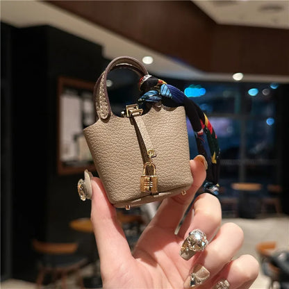 Inspired Birkin Mini Hand Bag - Leather Basket Bag Charm Keychain & Earphone Case