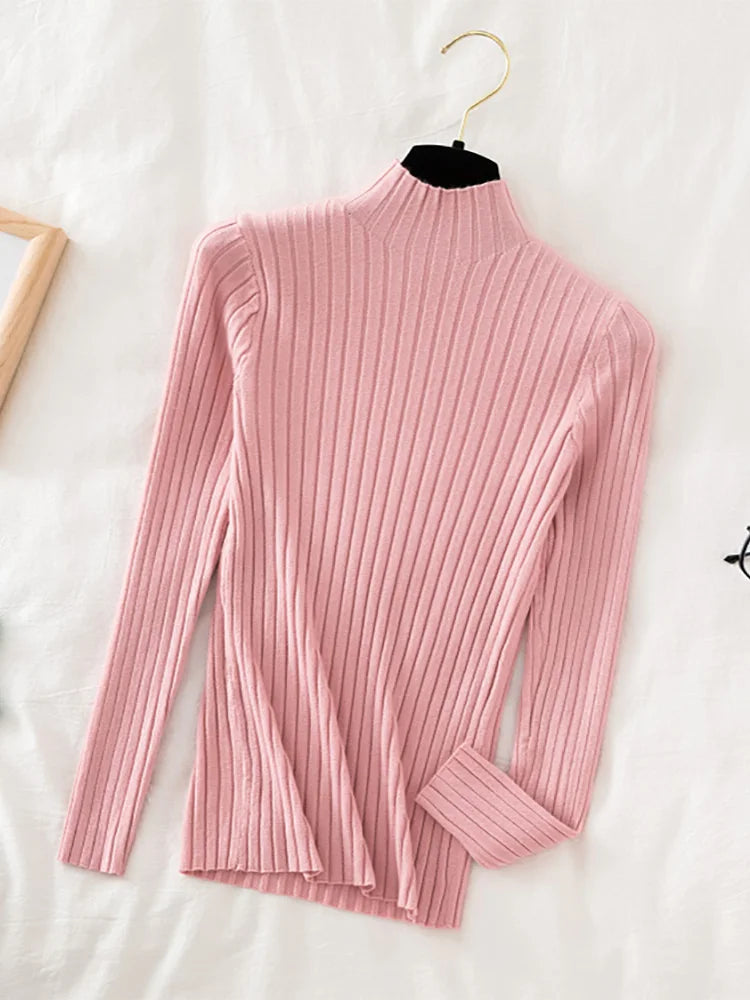 Flattering Stretchy Women Ribbed Sweater - Mock Neck, Knit