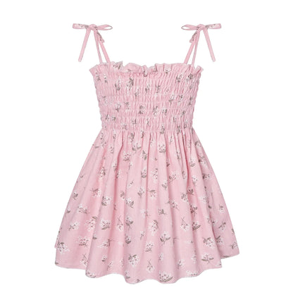 Plush girls' floral sundress - smocked bodice, polyester, for casual beach party