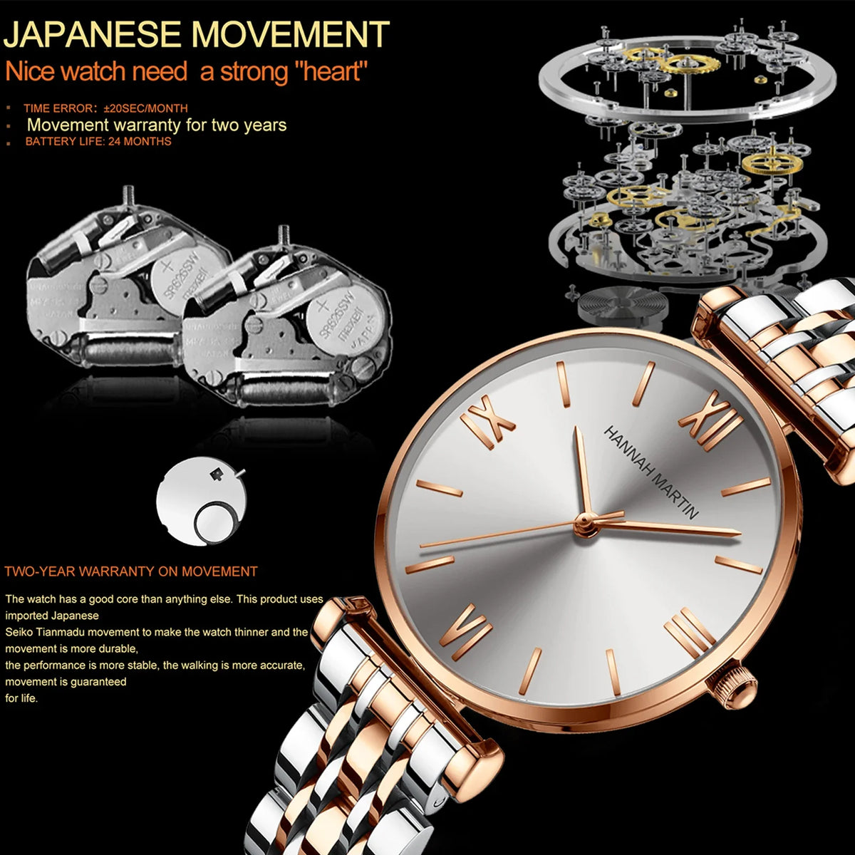women's Timeless rose gold quartz wristwatch - stainless steel water-resistant minimalist round dial
