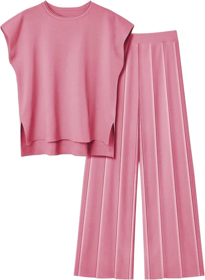 Sleeveless Round-Neck Knit Top, High-Waist Wide-Leg Trousers For Summer – Plush Relaxed Women’s Two-Piece Pant Kit