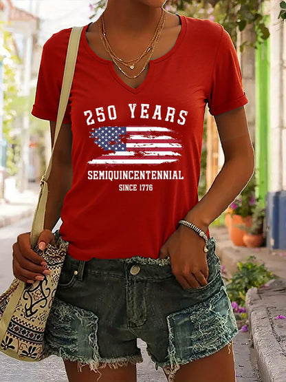 Plush Women's V-Neck T-Shirt - Short Sleeve, Patriotic Semiquincentennial Flag Print, Casual Top