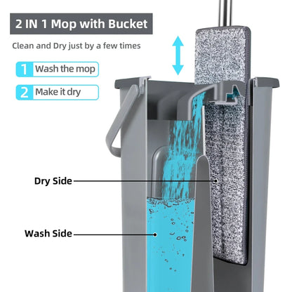 Household Cleaning Hand-Free Flat Floor Mop & Bucket Kit with Washable Microfiber 4x Pads