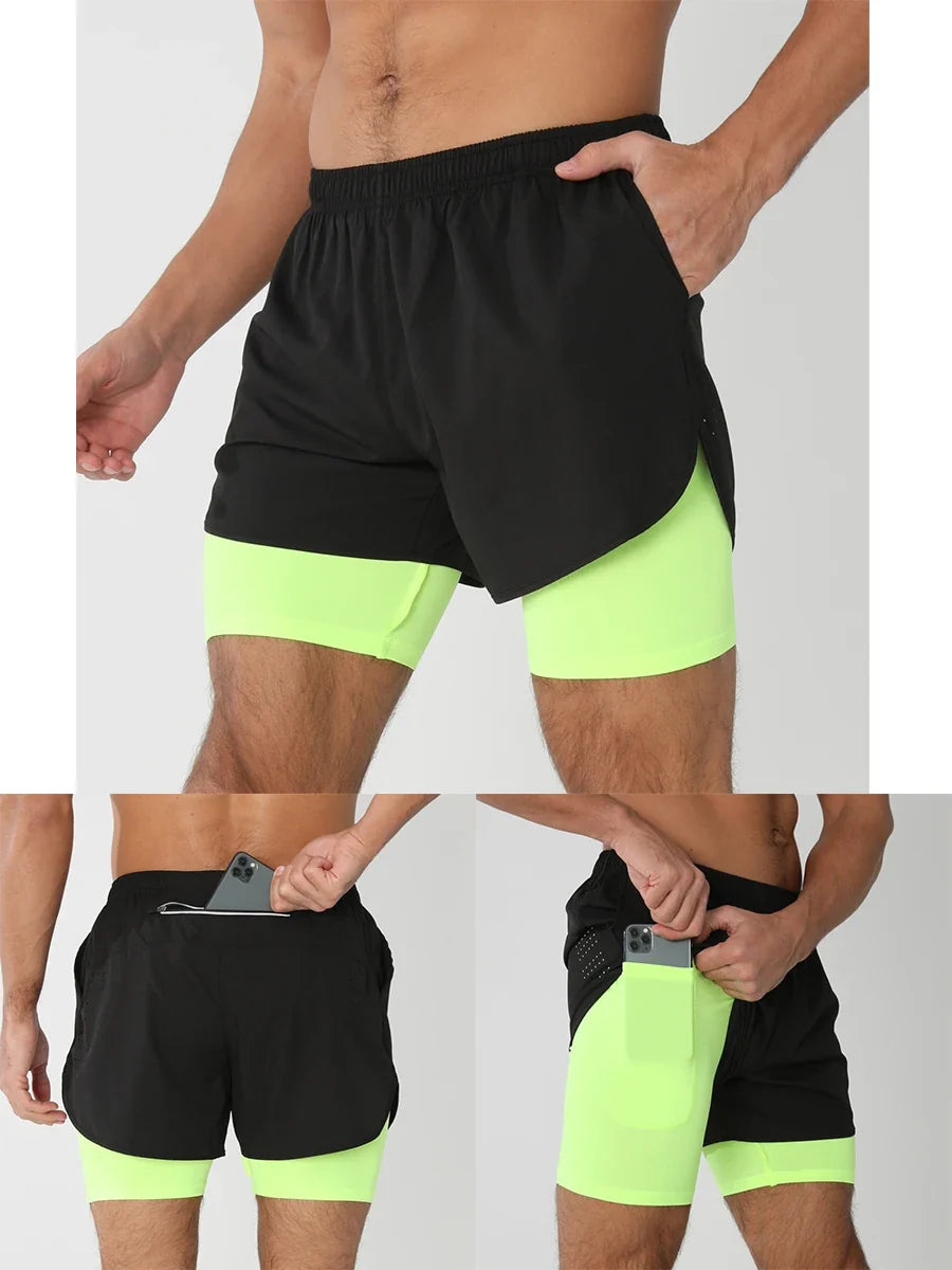 Fast-dry men's 2-in-1 running shorts - lightweight lined, polyester, for gym and summer training