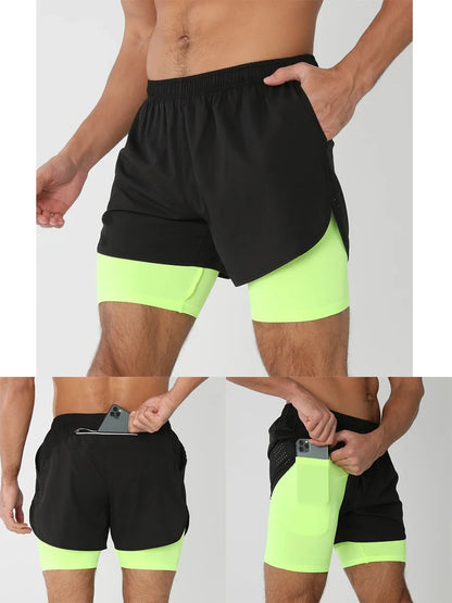 Fast-dry men's 2-in-1 running shorts - lightweight lined, polyester, for gym and summer training