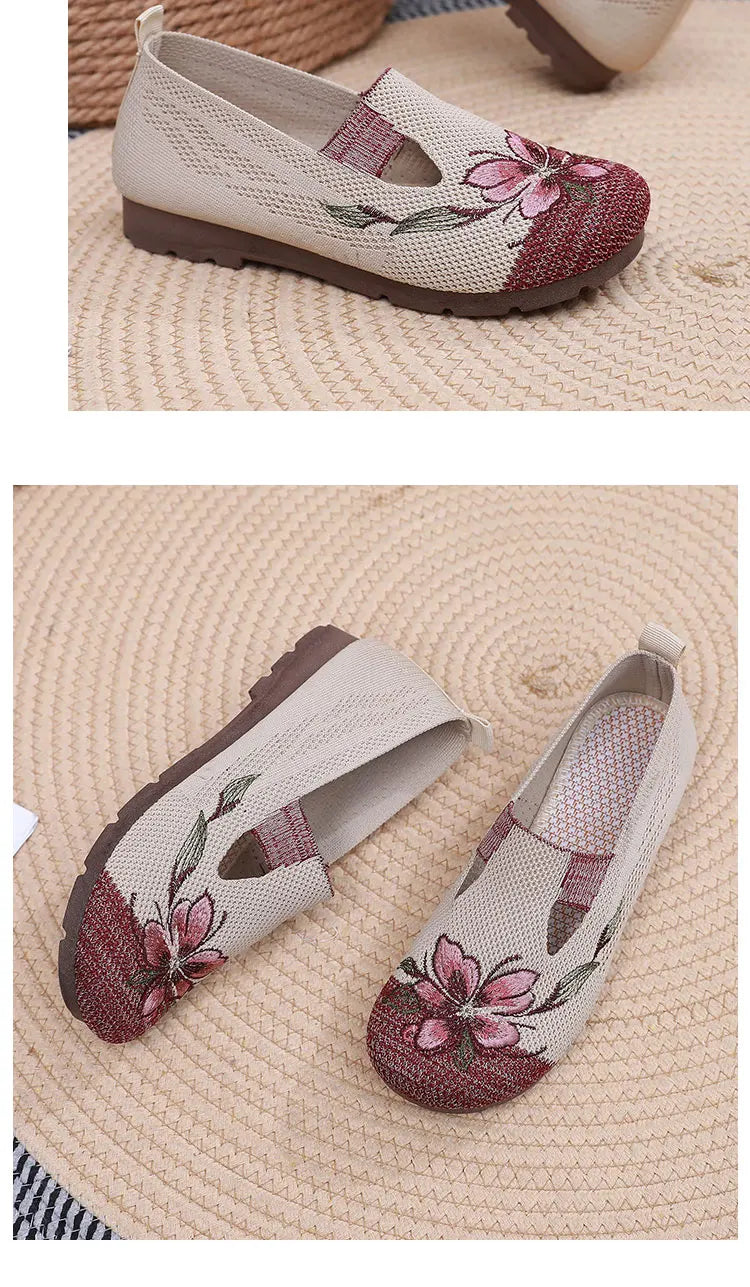 Women’s Breathable Flats - Slip-On Mesh, Embroidered