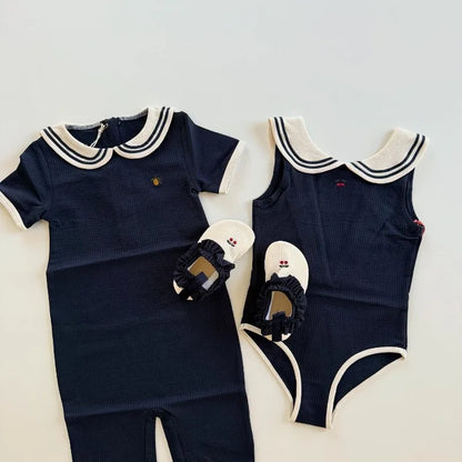 Plush Unisex Baby Swimwear Kit - Timeless Sailor-Style One-Piece, Top, Skirt, and Romper, Nylon, Summer Beach Days