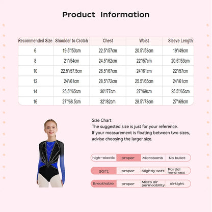 Girls' Stretchy Leotard - flattering, rhinestone-detailed, long-sleeve, mesh-panel, polyester elastane, for gymnastics