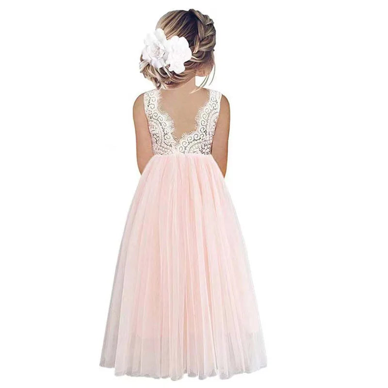 Light Girls’ Flower Girl Dress - Lace Bodice, Flowing Tulle Skirt, Polyester, For Wedding