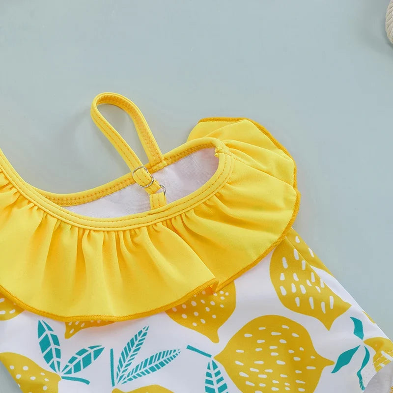 Light Girls' Swimsuit - One-Shoulder Ruffle, Lemon Print, Polyester, Summer Beachwear