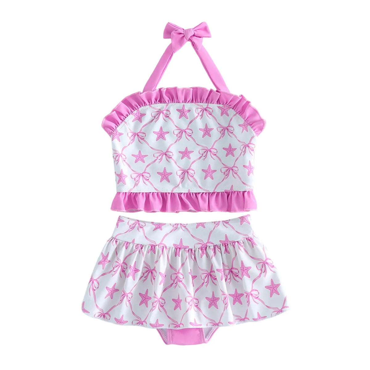 Light girls' bikini set - halter top, starfish print, ruffle trim, polyester, for summer beach