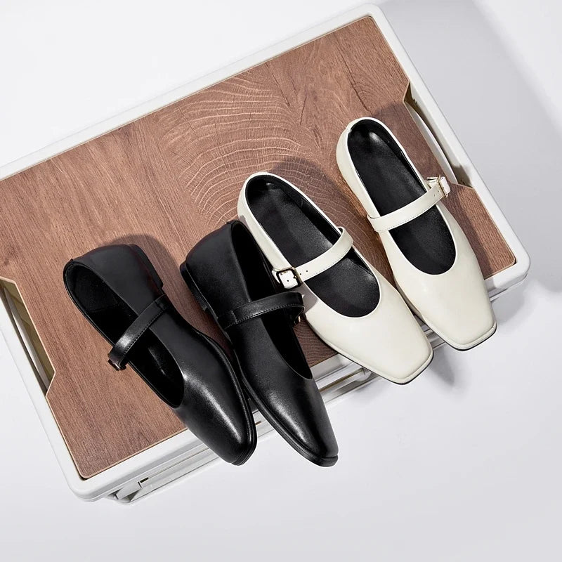 Women Supportive Mary Jane Flats - Square Toe, Leather