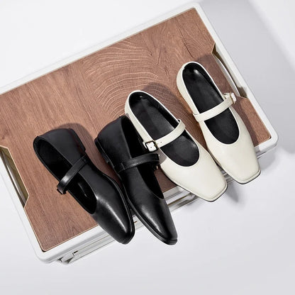 Women Supportive Mary Jane Flats - Square Toe, Leather