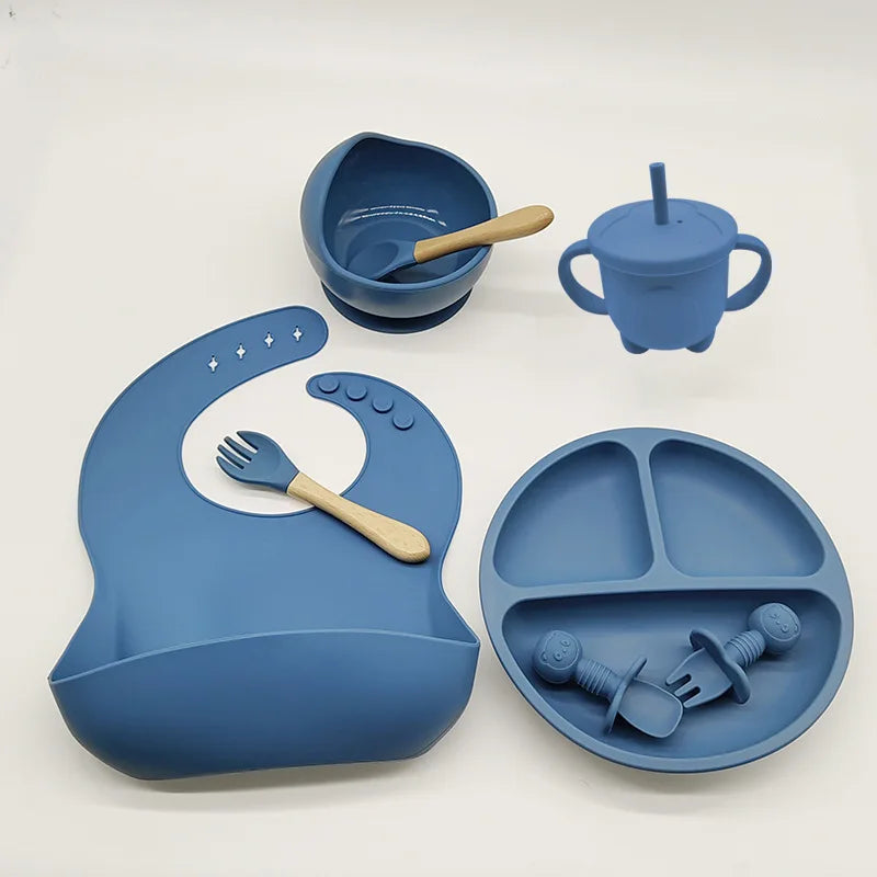 Baby Silicone Tableware Kit 8 Piece Suction Bowls Divided Plate Bib Spoon Fork Fall 2025 Self Feeding Aid