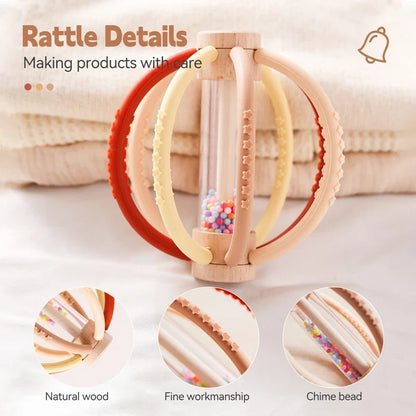 Rattle Baby Silicone Teether Wooden Newborn Sensory Toys