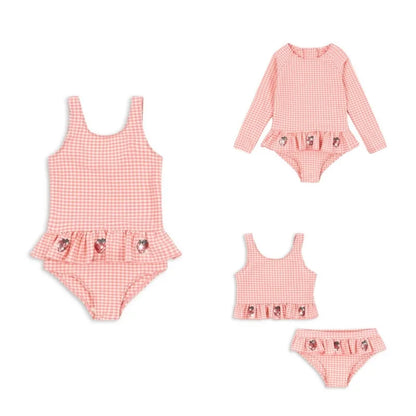 long sleeve one-piece, plaid print, strawberry sequin accents, polyester, nylon, for summer – Light Girls Swimsuit