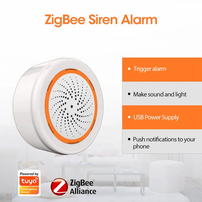 Tuya Zigbee Smart Siren Alarm with Strobe Alerts USB Power Supply for Household Security