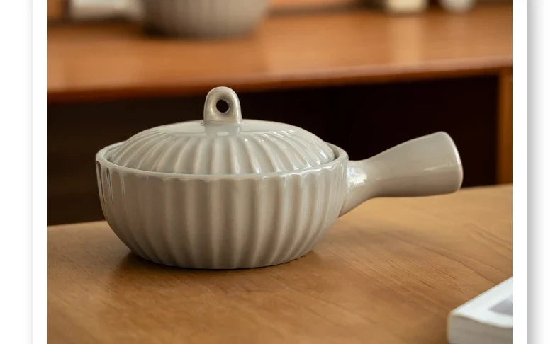 Single Ceramic Handle Bowl With Lid Japanese Style