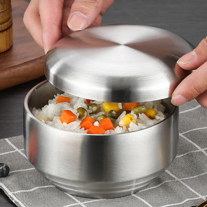 Steel Stainless Double Layer Rice Bowl With Lid Insulated