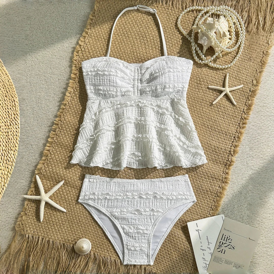 Light girls’ bikini set - two-piece, textured lace-like fabric, polyester, for summer beach vacation