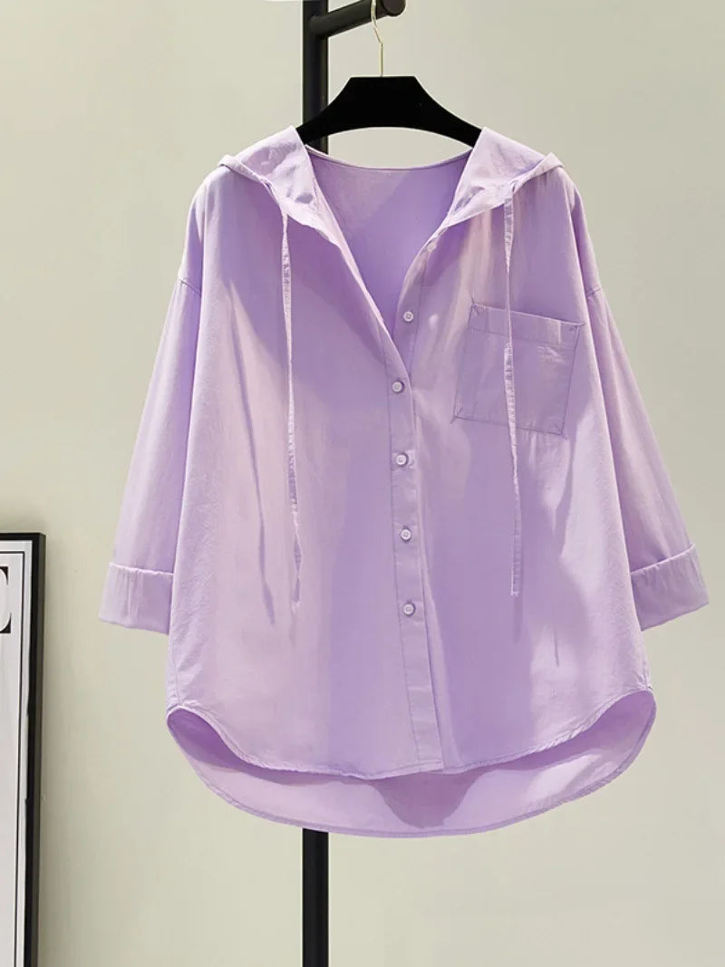 Variant image for White Women's Blouse in Soft Cotton with Hood, Casual Relaxed Fit for Everyday Comfort and Style-16