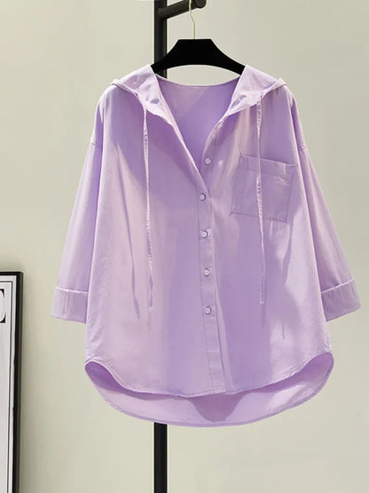 Variant image for White Women's Blouse in Soft Cotton with Hood, Casual Relaxed Fit for Everyday Comfort and Style-16