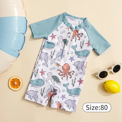 Light durable unisex baby one-piece swimsuit - zip-front, polyester, for summer beach