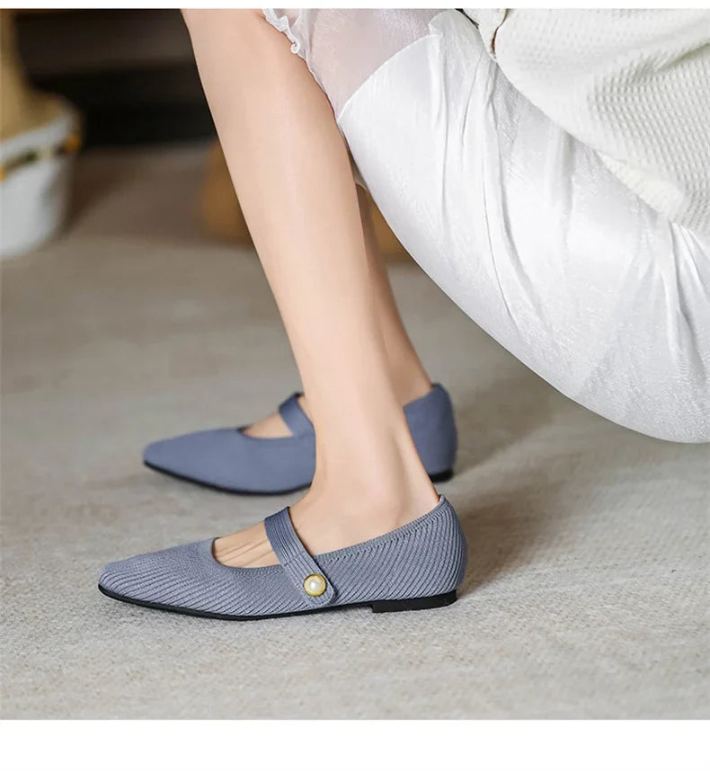Women Stretchy Mary Jane Flats - Ribbed Knit For Spring