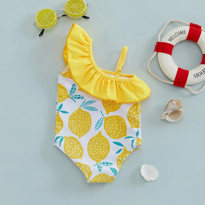 Light Girls' Swimsuit - One-Shoulder Ruffle, Lemon Print, Polyester, Summer Beachwear