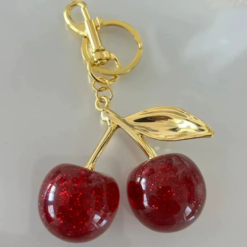 Cherry Red Keychain Bag Charm With Gold Leaf Lobster Clasp