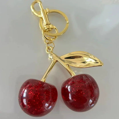 Cherry Red Keychain Bag Charm With Gold Leaf Lobster Clasp