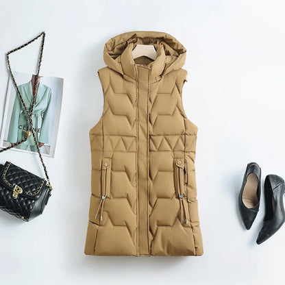 Light Cozy Women Long Puffer Vest - Hooded Down
