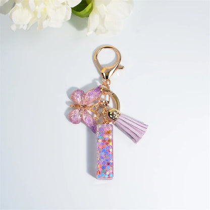 Letter Sequin Keychain With Butterfly Tassel Charm