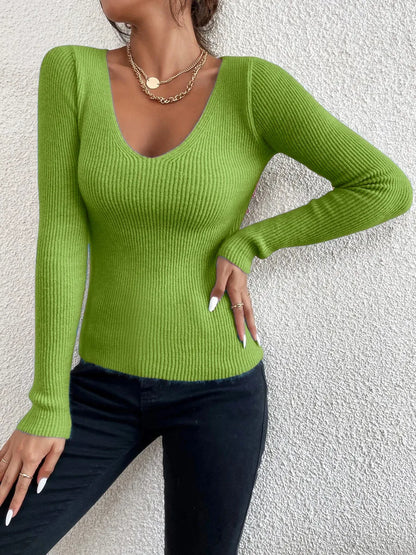Flattering Fitted Women’s Ribbed Sweater - Scoop Neck, Knit