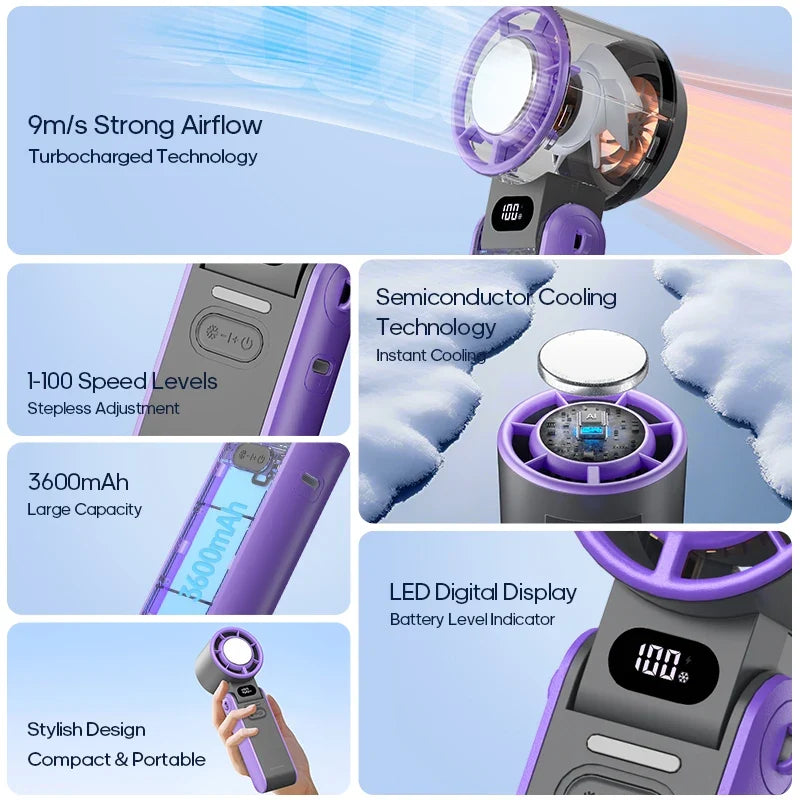 Handheld2026 Edition Fan Foldable Outdoor Cooling 3600mAh Battery 100 Level Turbo Summer