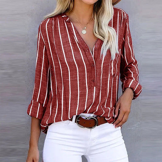 Loose Casual Striped Shirts for Women - Vintage Oversized Fashion Tops, Autumn Blouses