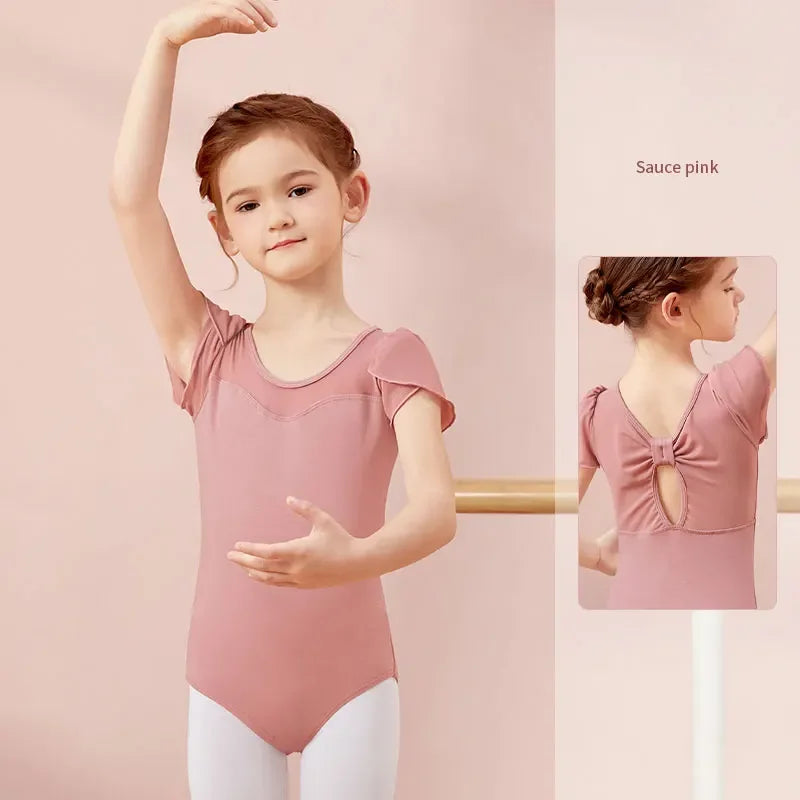 girls' Stretchy ballet leotard - short sleeve, back bow detail, cotton-elastane, for dance class