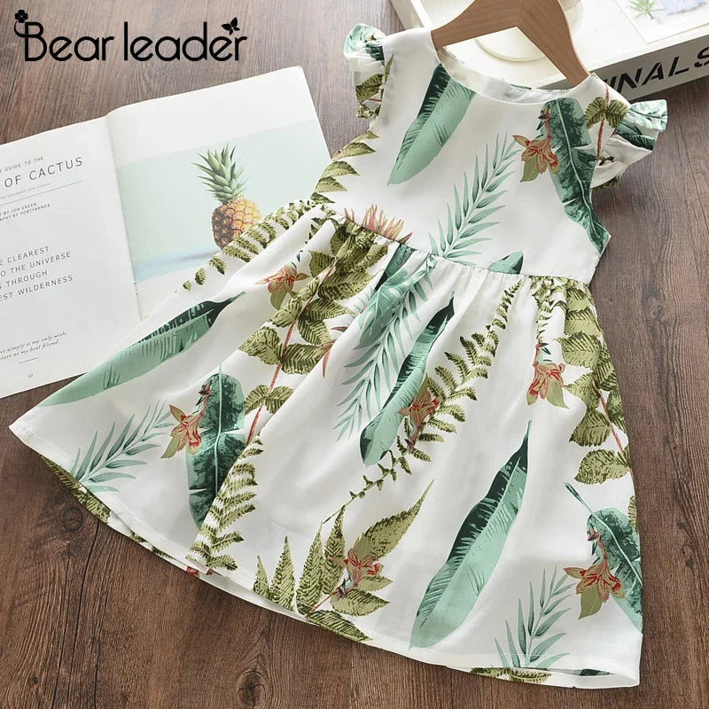 Floral Butterfly Print, Knee-Length, Sleeveless, Sash Waist, Casual Wear – Light and Flattering Girls' Dress