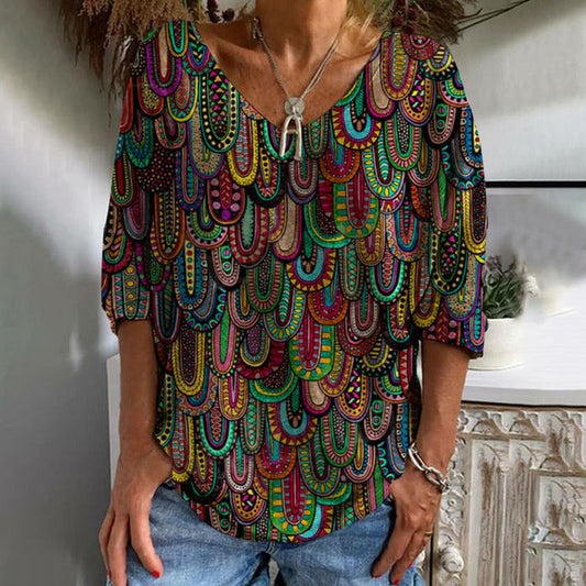 Casual Women's V-Neck T-Shirt with Abstract Print, Cotton-Polyester Blend, Perfect for Spring and Summer - Available in Various Sizes-1