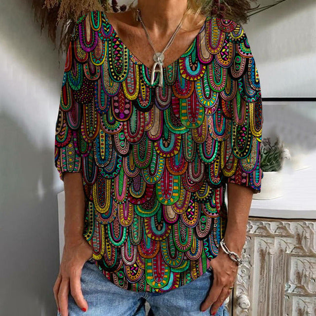 Variant image for Casual Women's V-Neck T-Shirt with Abstract Print, Cotton-Polyester Blend, Perfect for Spring and Summer - Available in Various Sizes-1