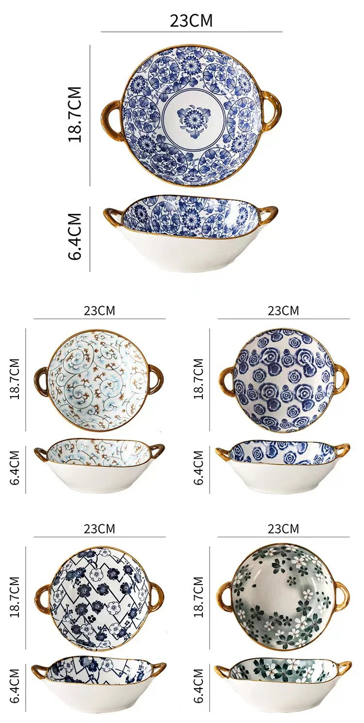 Inch 7.5 Japanese Ceramic Noodle Bowl With Handles Blue