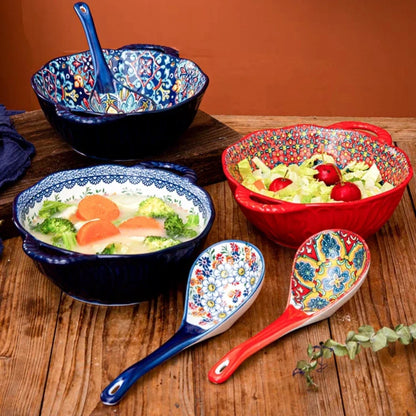 Soup Ceramic Bowl Bohemian Handle Embossed Microwave