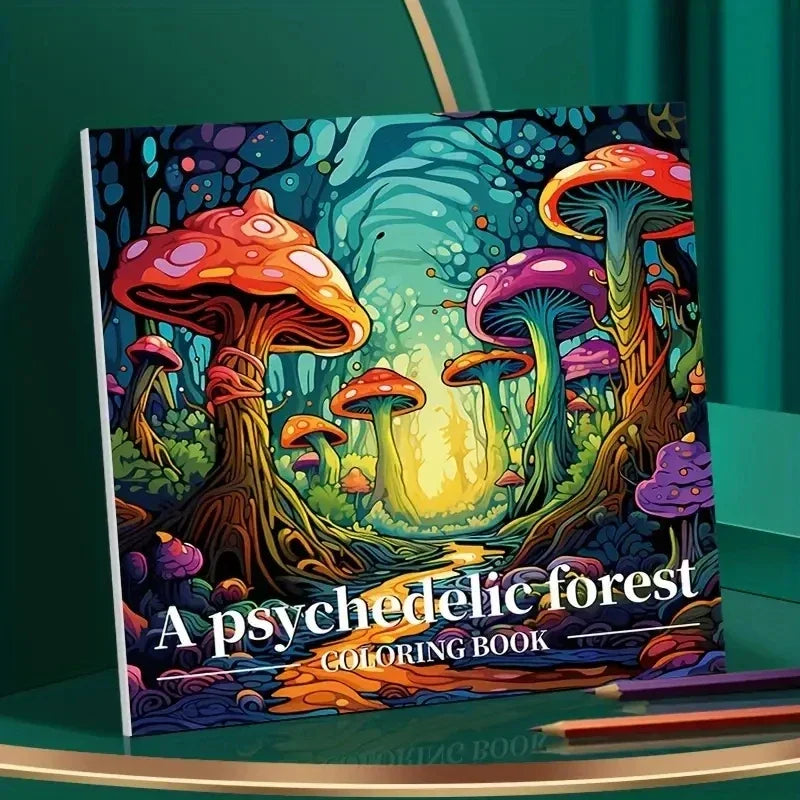 Book Coloring 22 Page Psychedelic Forest Stress Relief Activity Gift Fall 2025 Trend