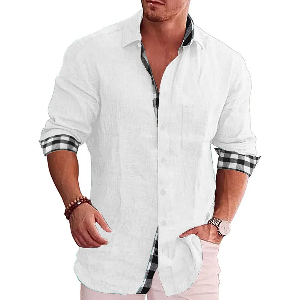 Linen Cotton Plaid Blouse Shirt - Long Sleeve Office Workwear Tops