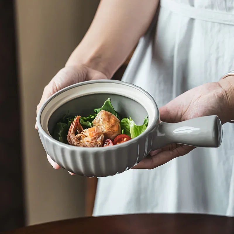 Single Ceramic Handle Bowl With Lid Japanese Style